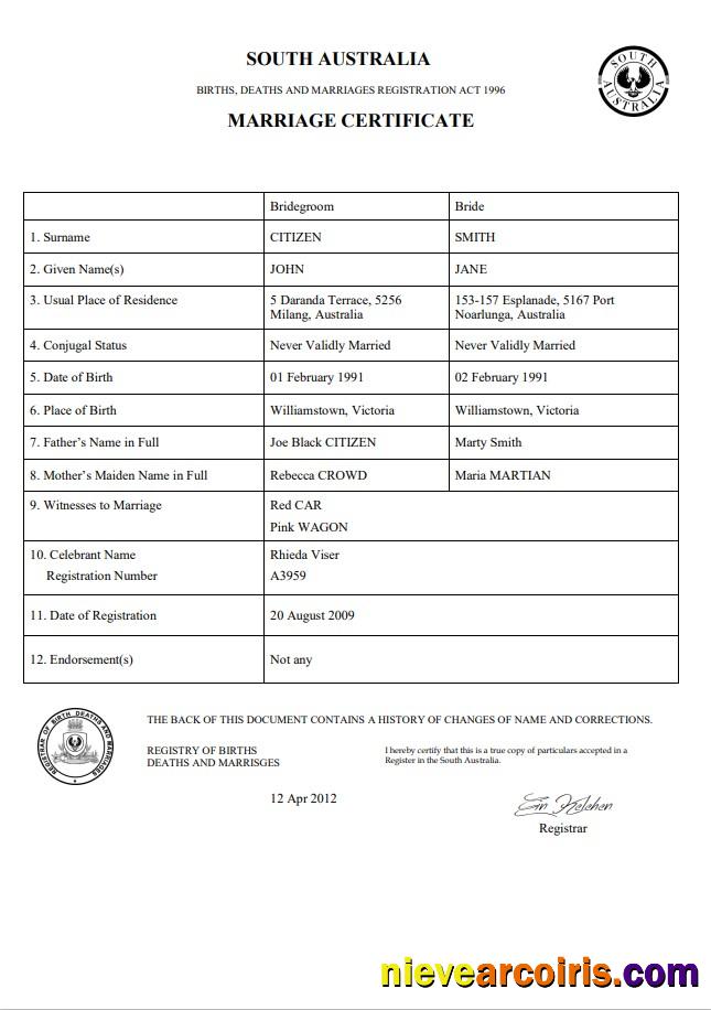 Australia South Australia marriage certificate